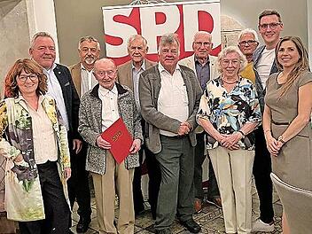 Nach den Ehrungen, von links: MdB Martina Stamm-Fibich, Holger Auernheimer, Friedrich Lindauer, Paul Meier, Georg Hiermann, Harald Kollmann, Peter Prokop, Helga Distler, Franz Ertl, Jens Schäfer, Claudia Belzer. Es fehlt Kurt Maier.