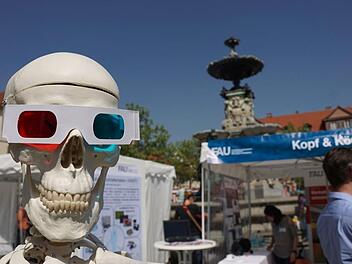 Das Skelett von diesem FAU-Stand zog viele Kommentare der Besucher auf sich wie "Der hat ja noch all seine Zähne!", "Schicke Brille!", "Ist der echt?"  Fotos: Pascale Ferry