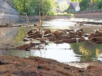 Die Steine unterhalb der Brücke Am Breitenbach sorgen für Stromschnellen. Der Ansaugstutzen der Feuerwehr (links) hängt in der Luft.  Foto: Josef Hofbauer
