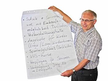 Bürgermeister Helmut Lottes zeigt die Liste mit den Wünschen der Bürger, die in den verschiedenen Versammlungen genannt wurden. Fotos: Sonja Werner