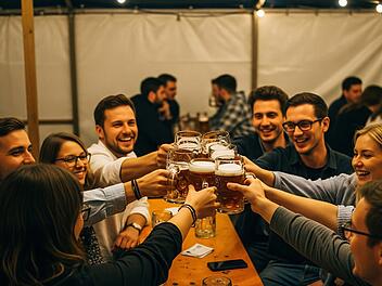 Ein paar Frauen und Männer im Alter von rund 30 Jahren stoßen in einem fränksichen Bierzelt am Abend mit Bockbier an.