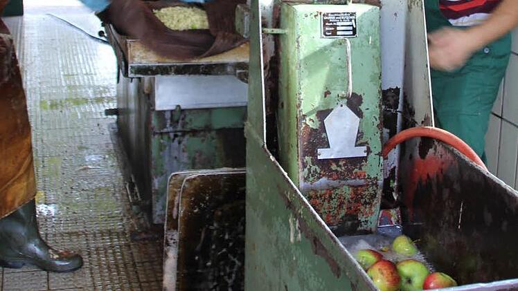 Hans-Jürgen Herzig (links)  und Heinz Spindler quetschen die Äpfel aus heimischen Gärten aus. Foto: Ralf Kestel