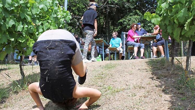 Der Wein macht locker. Aber die siebenjährige Rosalie Renner, die mit ihrer Mutter ab Station Fuchsenmühle mitging, bedurfte für ihre Purzelbäume in Hanglage solcher Stimulanz nicht. Foto: Markus Häggberg