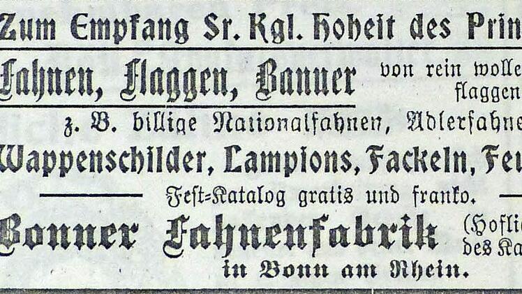 Schon Wochen vorher bot eine Bonner Fahnenfabrik im Wiesent-Boten eine Vielfalt von Artikeln zum Empfang des Prinzen an (aus dem Wiesent-Boten vom 19.05.1908, Repro Franze)