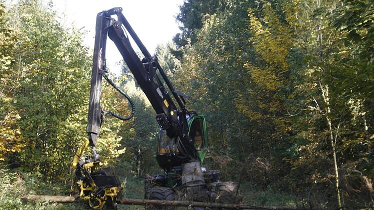 Wie ein 480&nbsp;000 Euro teurer Harvester arbeitet, konnten die Teilnehmer beim Waldspaziergang anl&auml;sslich des 150-j&auml;hrigen Bestehens der Wald- und Ma&szlig;korporation Heldritt hautnah erleben.  Foto: Martin Rebhan