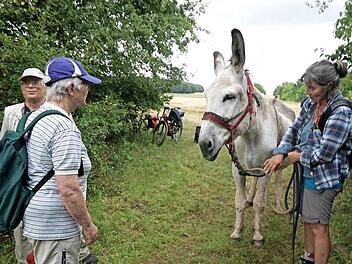 Der Esel Enrico und Sabine Fechtner (r.) führte die Karawane an. Empfangen werden sie von Horst und Elke Eisenack, Foto: Richard Sänger
