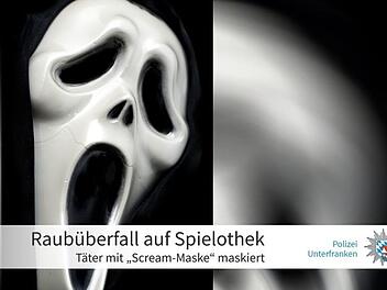 Mit einer Scream-Maske hat ein Unbekannter eine Spielothek in Klingenberg überfallen und Bargeld erbeutet. Foto: Polizei Unterfranken