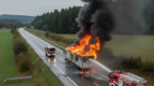Ein brennender Lkw sorgt am 10. M&auml;rz 2026 auf der B2 zwischen Roth und Rednitzhembach in Fahrtrichtung N&uuml;rnberg f&uuml;r erhebliche Verkehrsbehinderungen.
