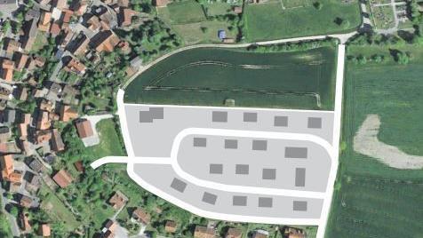 Nördlich des bestehenden Baugebiets Schmidsleiten sollen 18 neue Bauplätze erschlossen werden. Quelle: Google Maps/Grafik: Micho Haller