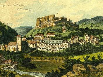 Streitberg, Postkarte von 1904 mit dem dominanten Gebäude des Kurhauses in der Mitte Repros: Reinhard Löwisch