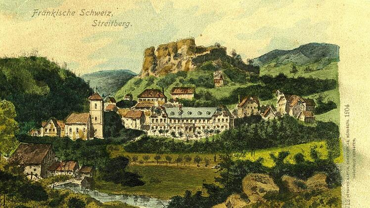 Streitberg, Postkarte von 1904 mit dem dominanten Gebäude des Kurhauses in der Mitte Repros: Reinhard Löwisch