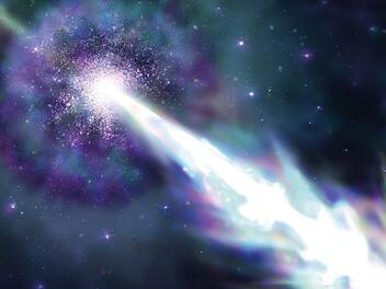 Der Gammastrahlenblitz stammt wahrscheinlich aus einer Galaxie, die rund fünf Millarden Lichtjahre von der Erde entfernt ist. Grafische Darstellung: ICRR UTokyo/Naho Wakabayashi