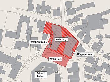 &Uuml;ber vier Varianten zur k&uuml;nftigen Tiefgarage am Hubmann-Areal wird bald abgestimmt. Die Kosten liegen zwischen neun und 16 Millionen Euro.  Grafik: Micho Haller/Quelle: Auer & Weber