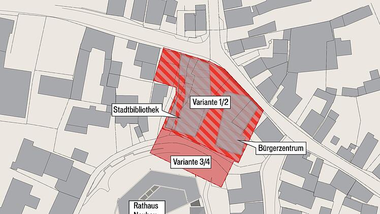 &Uuml;ber vier Varianten zur k&uuml;nftigen Tiefgarage am Hubmann-Areal wird bald abgestimmt. Die Kosten liegen zwischen neun und 16 Millionen Euro.  Grafik: Micho Haller/Quelle: Auer & Weber