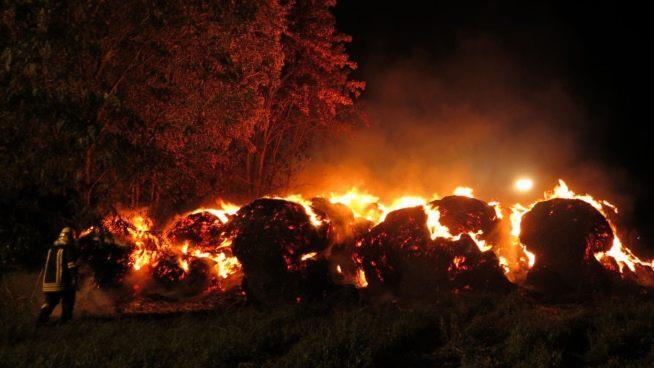 Gleich 60 Heuballen sind am Wochenende den Flammen zum Opfer gefallen. Nun ermittelt die Kripo. Foto: Polizei
