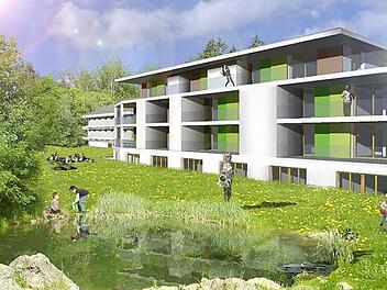 Zukunft des Kurgebietes: Diese Animation zeigt den geplanten Erweiterungsbau mit elf Wohnungen von Südosten. Grafik: Architekturbüro Liebermann