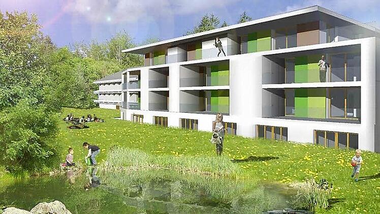 Zukunft des Kurgebietes: Diese Animation zeigt den geplanten Erweiterungsbau mit elf Wohnungen von Südosten. Grafik: Architekturbüro Liebermann