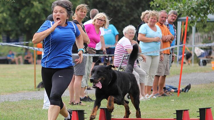 Sieglinde Rünagel zusammen mit "Anakin" beim Hürdenlauf.