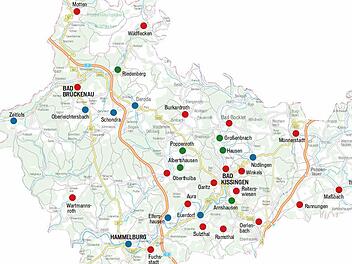 DSL-Abdeckung rot: bis 16 Mbit/s oder schneller, blau: 6 Mbit/s bis 10 Mbit/s, grün: 384Kbit/s bis 4 Mbit/s.  Grafik: Klaus Heim