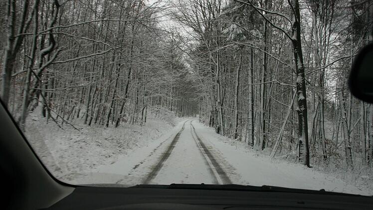 Auf der Fahrt durch einen winterlichen Wald Richtung Kissinger Hütte.