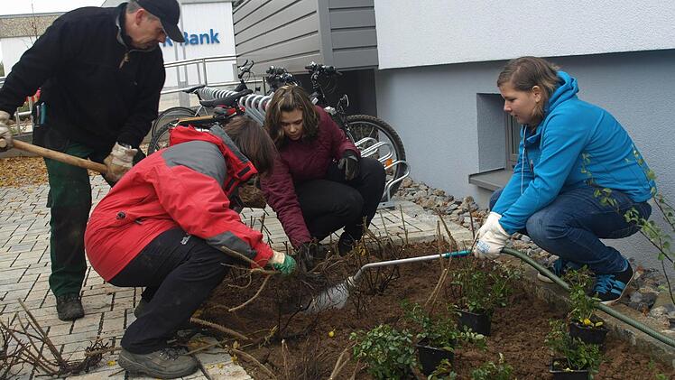 Für die Umgestaltung des Oerlenbacher Schulhofs packen die Schüler mit an (von links): Gärtnermeister Richard Höfling, Architektin Miriam Glanz sowie Selina und Julia pflanzen Rosen und Spiräen.   Foto: Stefan Geiger