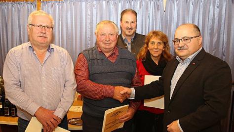 Mit Verdienstnadeln des BLSV ehrte Jürgen Rückert (rechts) Bernd Heil, Wolfgang Packert und Birgit Weith (von links); hinten: Zweiter Bürgermeister Frank Weber.