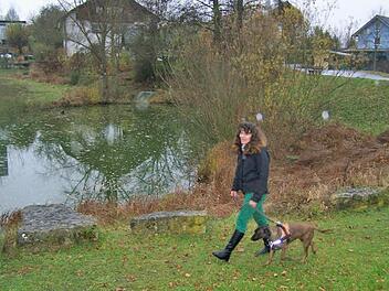 Das Biotop  in Bischberg wird von Hundesitzern beim Gassi-Gehen gerne angesteuert, hier  Renate Heinz und ihr Gebirgsschweißhund Ayla. Selbstverständlich hat Frauchen einen Entsorgungsbeutel dabei.  Als Gemeindekämmerin will sie Vorbild sein. Foto: privat