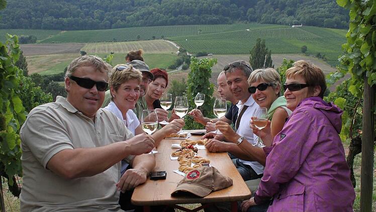 Weingenuss in einer herrlichen Landschaft: Das zieht diese Gruppe aus Herzogenaurach zum Weinwandertag in Castell. Foto: Zapf