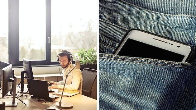 Collage Leitstelle und Handy in Hosentasche