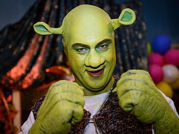 Bayerns Finanzminister Markus Söder (CSU) posiert am 21.02.2014 als «Shrek der tollkühne Held» verkleidet auf der Prunksitzung des Fränkischen Fastnachtsverbandes "Fastnacht in Franken" in Veitshöchheim bei Würzburg (Bayern). Vertreter aus Politik, Gesellschaft und Kirchen sind zur 27. Ausgabe der Frankenfastnacht geladen. Sie müssen sich auf der Prunksitzung auf derbe Sprüche, Spott und Hohn einstellen. Foto: David Ebener/dpa