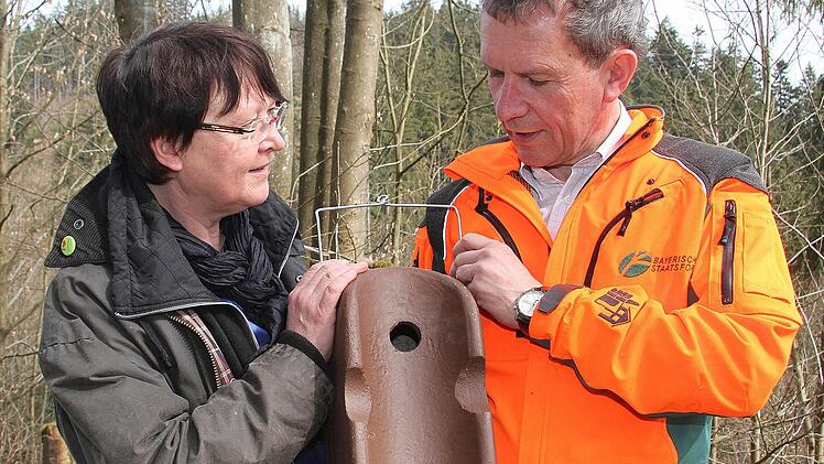 Gudrun-Frohmader-Heubeck und der Leiter des Forstbetriebs Nordhalben, Fritz Maier, mit einem der Nistkästen.