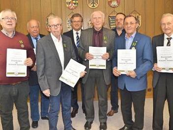 Stockheim ehrt verdiente Ehrenamtliche mit der Ehrenmedaille. Von links Leonhard Welscher, Peter Becker, Hubert Knauer. Bürgermeister Rainer Detsch, Gerd Fleischmann, Edmund Sprenger, Andreas Endes und Walter Biesenecker. Foto: K.- H. Hofmann