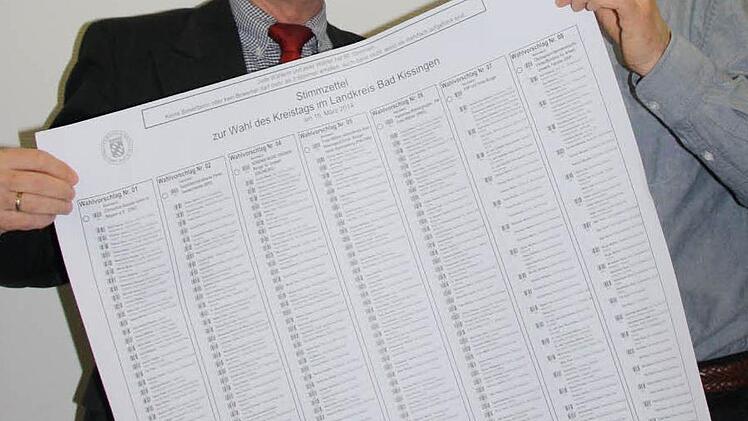 Wahlleiter Manfred Gerlach (links) und Mitarbeiter Günther Werner mit dem Probedruck das Wahlzettels für die Kreistagswahl.