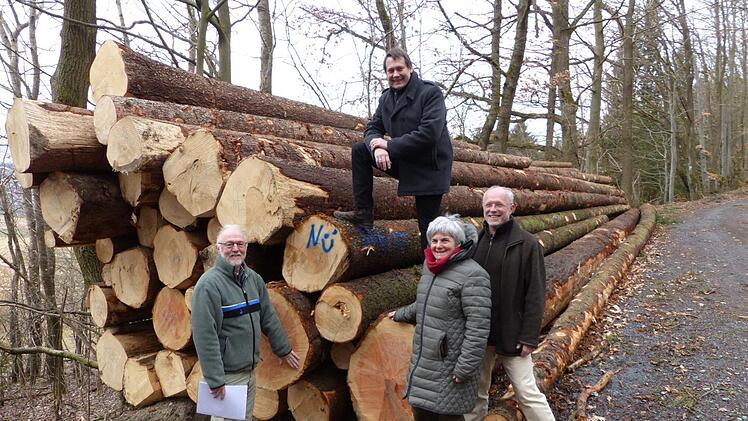 Förster Frank Hömberg, Bürgermeister Roland Wolfrum sowie Barbara und Heinrich Nützel (von links) inspizieren einen Teil des Mondholzes vor dem Abtransport ins Sägewerk Engelwerk Streitmühle.  Foto: Klaus-Peter Wulf Förster Frank Hömberg, Bürgermeister Roland Wolfrum sowie Barbara und Heinrich Nützel (von links) inspizieren einen Teil des Mondholzes vor dem Abtransport ins Sägewerk Engelwerk Streitmühle.  Foto: Klaus-Peter Wulf