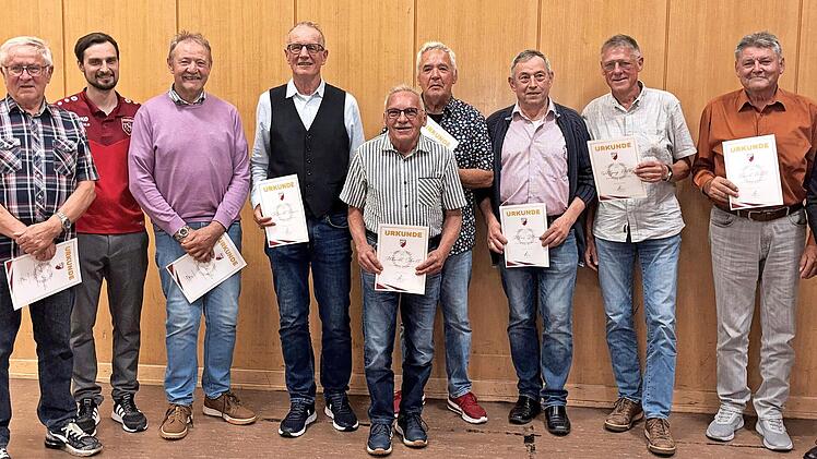 Ehrungen beim TSV (von links): Wolfgang Mauder, Simon Schottdorf, Georg Schie&szlig;er, Albrecht Kiesner, A. Schmitt, Karl-Heinz Schmitt, A. Bl&uuml;mm, Wolfgang Halbig, Konrad H&uuml;ttl, Matthias H&uuml;ttl