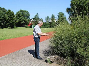 Schulleiter Joachim Schwigon steht an der Gr&uuml;nfl&auml;che, die fr&uuml;her einmal das Lehrschwimmbecken war. Die Steine des Beckenrandes sind noch die originalen.  Foto: Thomas Malz