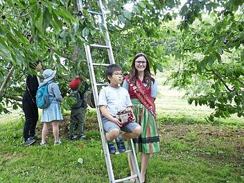 Kirschenkönigin Sandra Grau begrüßte die japanischen Gäste auf deren Tour durch die Fränkische Schweiz. Die Kinder hatten auch viel Spaß am Pflücken. Foto: Carmen Schwind