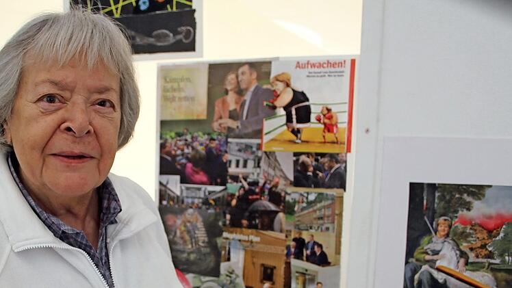 Rose Meerwein gehört mit ihren 85 Jahren zu den älteren Kunstschaffenden, die beim Symposium auf der Plassenburg dabei sind. Brave und gefällige Kunst liegen der Ex-Kulmbacherin, die seit 1961 in Berlin lebt, nicht: Sie zeigt politische Collagen. Fotos: Sonny Adam