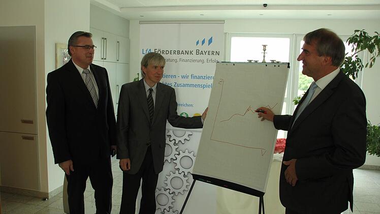 Mit Hilfe der LfA Förderbank Bayern können Unternehmen zinsverbilligte Darlehen erhalten. Das ist für die Firmen eine spürbare Entlastung. Das Bild zeigt (von links): Wolfgang Puff von der WSE Kronach, Thomas Engel von der Regierung von Oberfranken sowie den stellvertretenden LfA-Vorstandsvorsitzenden Thies Claussen.  Foto: Friedwald Schedel