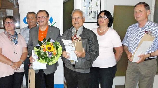 Ulrike Dubois, Ludwig Nagel (v. l.) und Ute Salzner vom Kreisvorstand (2 v. r.) gratulierten den Jubilaren Adam Hasenberger (3. v. l.), Harald Gruhl (3. v. r.) und Georg Oder (r.). Foto: Reimer Hamm