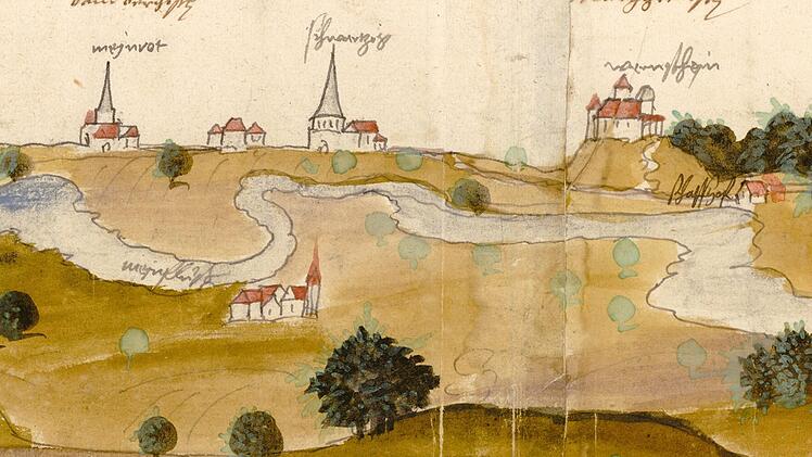 Geleitstraßenkarte von Coburg nach Kulmbach und Bamberg, 1562                                                                - Ausschnitt von Wernstein über Schwarzach bis Mainroth, darüber die                                    Hoheitsgebiete bambergisch und marggrevischStaatsarchiv Coburg