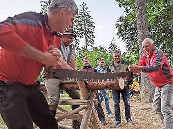 Stefan Hanke (Zweiter von links) freute sich über das Engagement seiner Helfer an der Zweimann-Zugsäge.