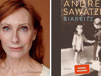 Eine Person und ein Buchcover von "Biarritz" von Andrea Sawatzki sind zu sehen. Es ist ein Spiegel-Bestseller. M&ouml;glicher Bezug zum Bamberger Literaturfestival 2026.