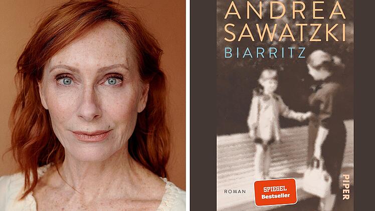 Eine Person und ein Buchcover von "Biarritz" von Andrea Sawatzki sind zu sehen. Es ist ein Spiegel-Bestseller. M&ouml;glicher Bezug zum Bamberger Literaturfestival 2026.