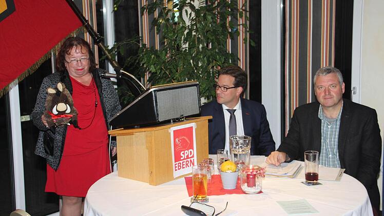Brunhilde Giegold, Vorsitzende des SPD-Ortsvereins Ebern bei der Begrüßung von Staatssekretär Florian Pronold (Mitte). Rechts Bürgermeister Jürgen Hennemann. Foto: Helmut Will