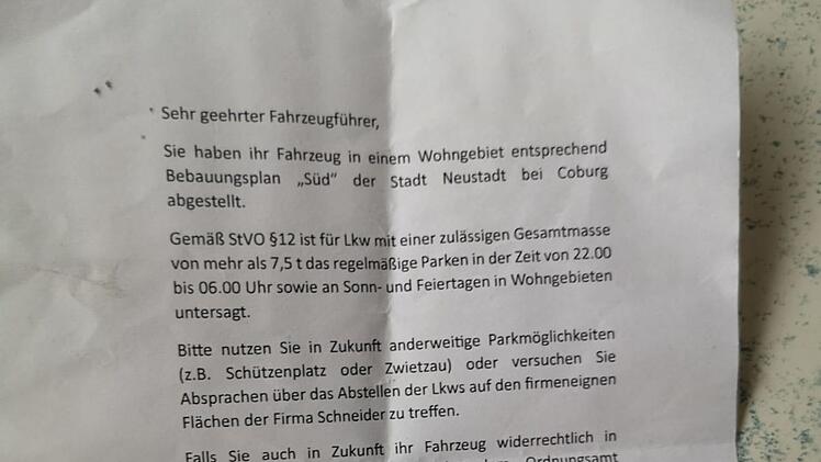 Neustadt: Trucker findet Wut-Brief von Anwohner - "wo soll ich sonst hin?"