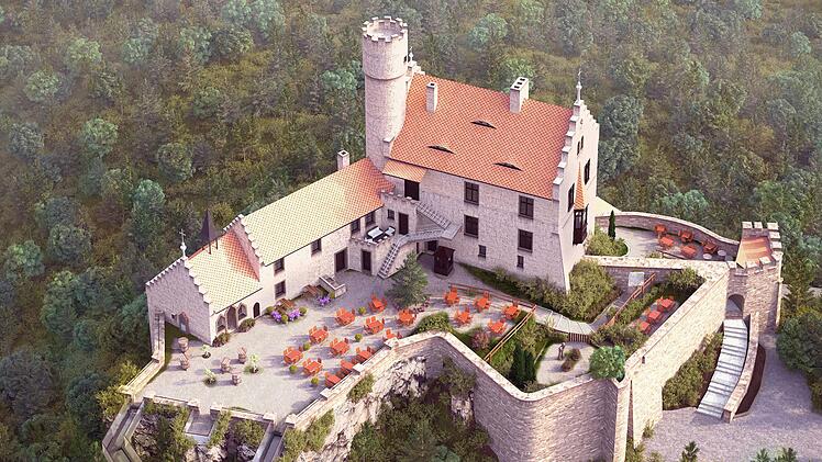 Auf einem Glasfeld an der Burg Gößweinstein sollen die Besucher  den Blick in die Landschaft  spektakulär erleben können. Luftbildanimation: privat
