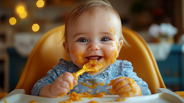 Kind, Baby, Hochstuhl, Essen, Babybrei