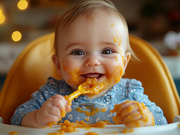Kind, Baby, Hochstuhl, Essen, Babybrei