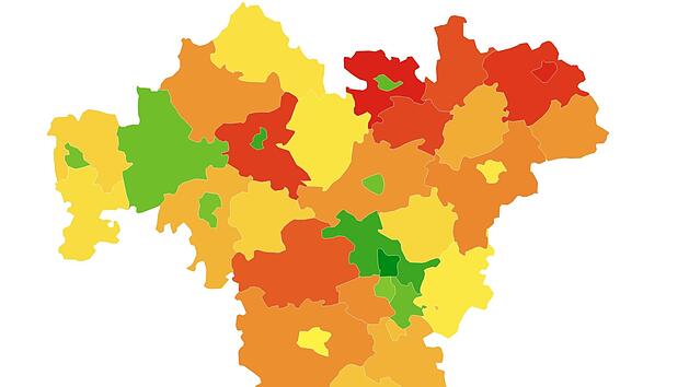 Die Gehälter in Franken sind sehr unterschiedlich - in Erlangen verdient man am besten, im Landkreis Coburg ist das Einkommen eher niedrig. Grafik: Johannes Görz /Datawrapper